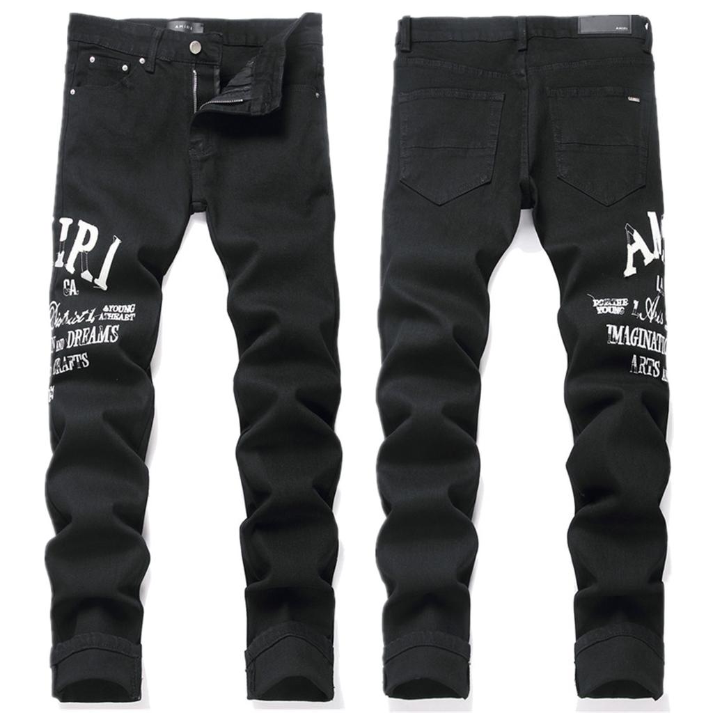 2025 Ny High Street AMIRI Stil Slim Fit Svart Broderi Smalfot Herre Denim Bukser Menn