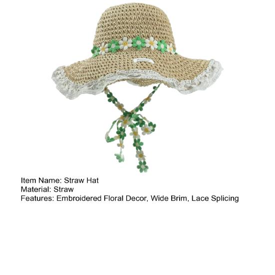 Hat Wide Brim Embroidery Lace Splicing Beach Hat Embroidered Floral Adjustable Chin