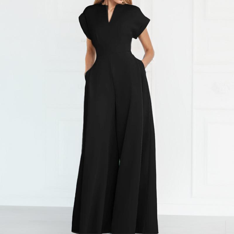 Women's Spring Solid Color High-waisted Wide-leg Jumpsuit with Half-open Collar