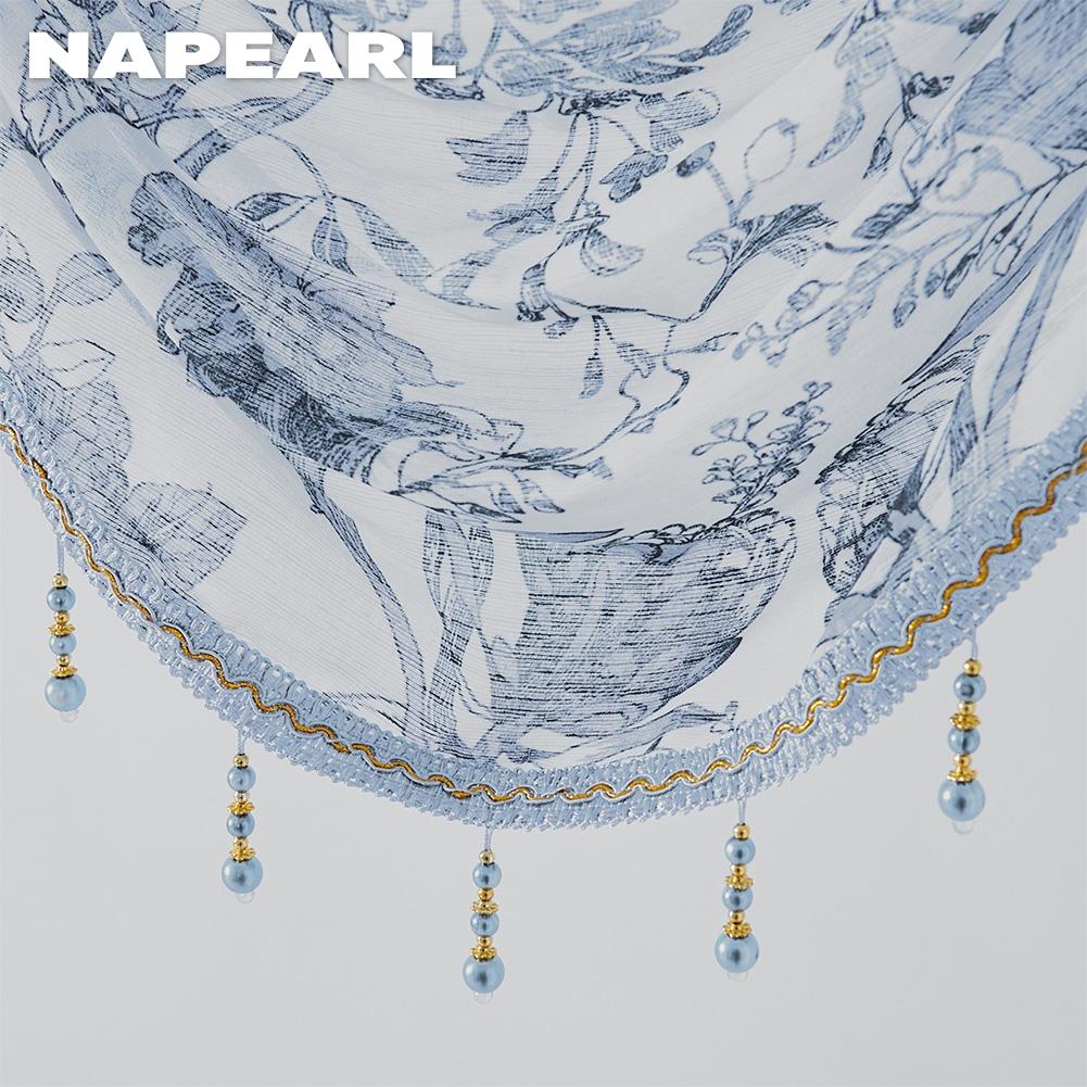 1PC NAPEARL Retro High-end Bead Lace Edging Printed Sheer Curtain Head for Kitchen Bedroom Living Room Window Decoration