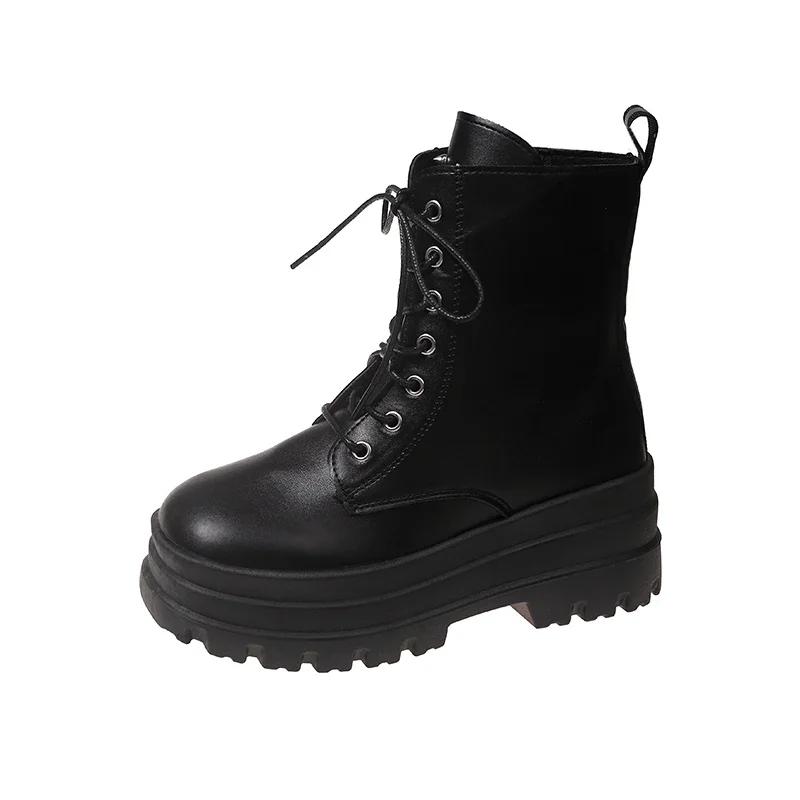 Fashion 2026New Boots for Women Fashion Thick Sole High Heel Boots Lace Up Platform Boot Side Zip Ankle Boot Classic Black Leather Botas