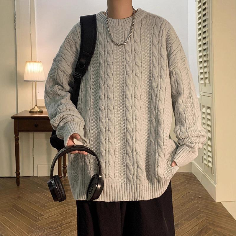 Men's Cable Knit Crew Neck Sweater, Loose Fit, Retro Hong Kong Style, Trendy Casual Knitwear for Autumn and Winter.