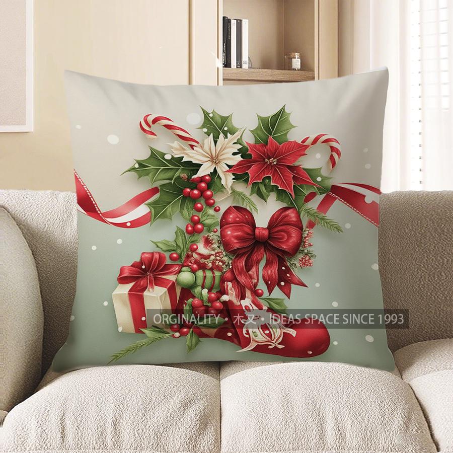 Home Decor Christmas Wreath With Candy Cane And Bow Pillow Pattern Cushion Cover Suitable For Sofa Bedroom Car Pillow Cover