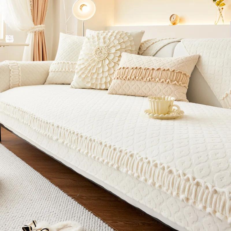 

Thicken Plush Sofa Covers Pleated Hem Solid Color Sofa Towels Non-slip Couch Slipcovers Universal Sofa Mat For Modern Home Decor 70x70cm 1pcs