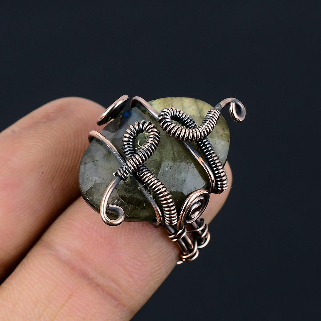 Natural Labradorite Gemstone Handmade Copper Wire Wrap Ring Size 4.5 S1a02