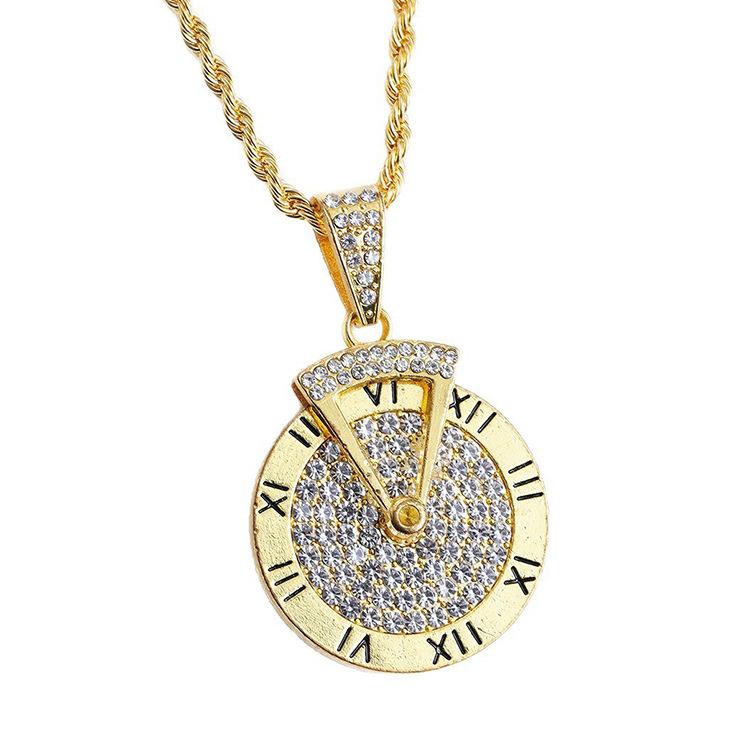 New Unisex Lightweight Luxury Stainless Steel Diamond-encrusted Rotating Roman Numeral Hiphop Style Clock Pendant Sweater Chain