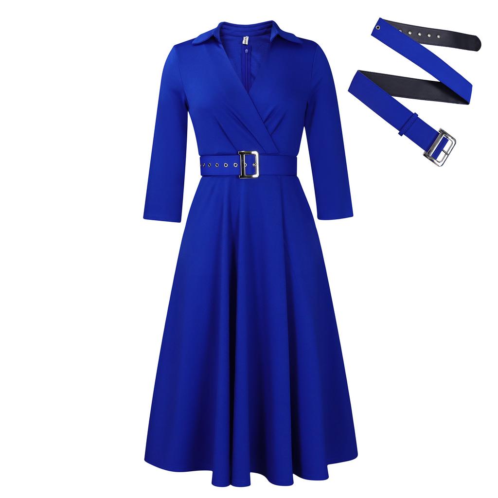 Large Size Women's Autumn New Lapel Fashion Temperament Solid Color Swing Skirt Dress