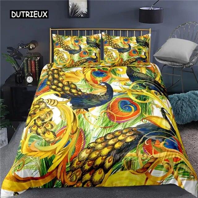 Peacock Duvet Cover Plum Blossom Decor Bedding Set King Size Crane Peacock Feather Floral Pattern Romantic Polyester Quilt Cover  Three-piece Set