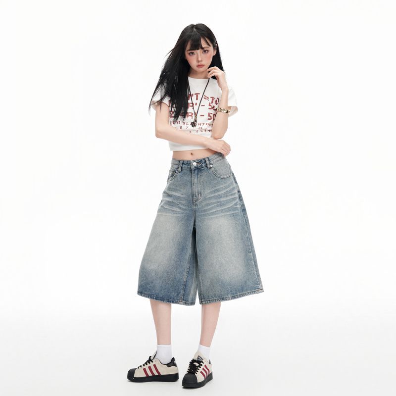 Trendy Summer Light Blue Designer Washed Loose Straight Wide Leg Cropped Capri Denim Shorts For Women Versatile Slimming AllMatch Casual Capri Pants