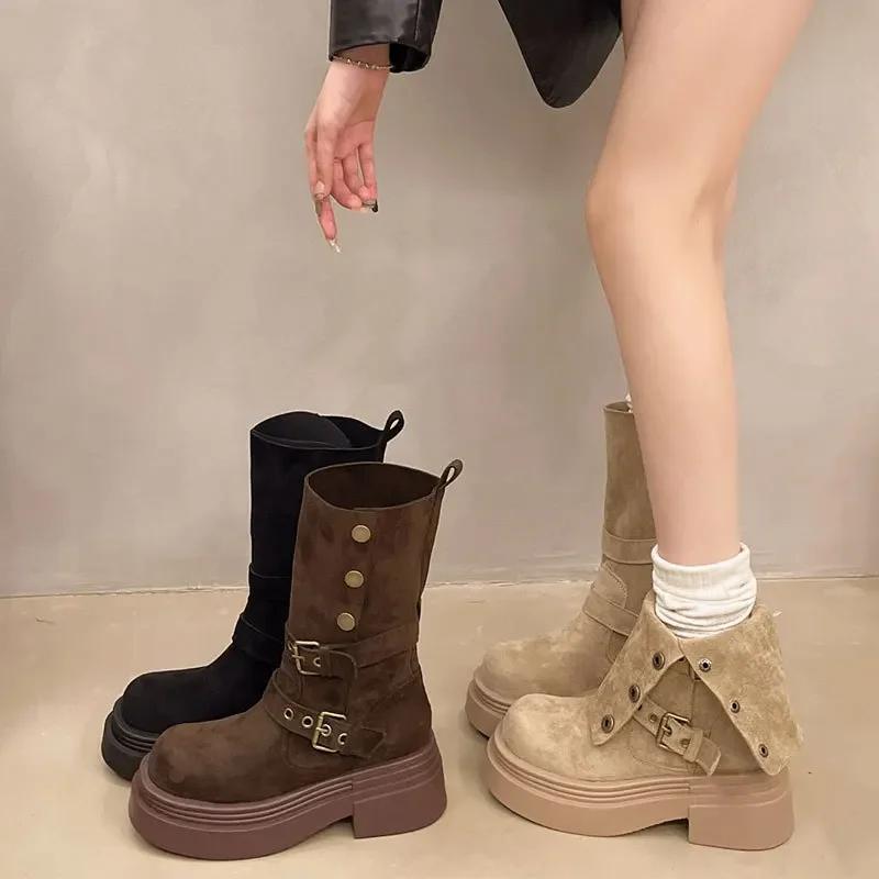 Fashion Women's Long Boots Fashion Platform Height Increasing Outdoor Knight Boots Spring Autumn New Retro Belt Buckle Women Shoes