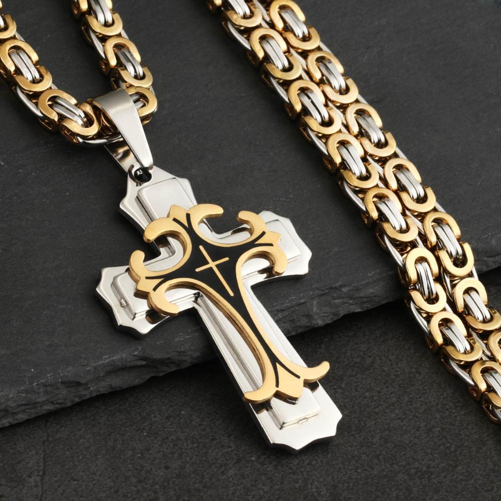 Vintage Stainless Steel Fleur-de-lis Cross Necklaces Pendants Long Byzantine Chain Necklaces Men Jewelry NC07