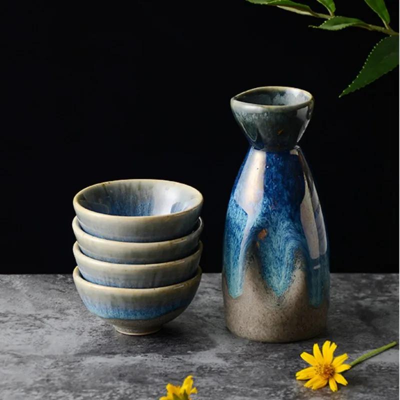 Jarra de Sake Vintage Japonesa Cerámica Azul Cambio de Horno Copa de Vino Dispensador de Vino Shochu para el Hogar Restaurante de Sushi Utensilios para Beber Regalos