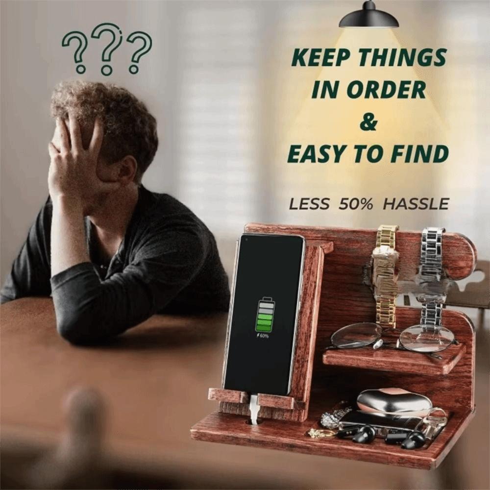 Solid Wood Charging Phone Holder Space Saving Watch Organizer Keychain Wallet Storage Rack Gift