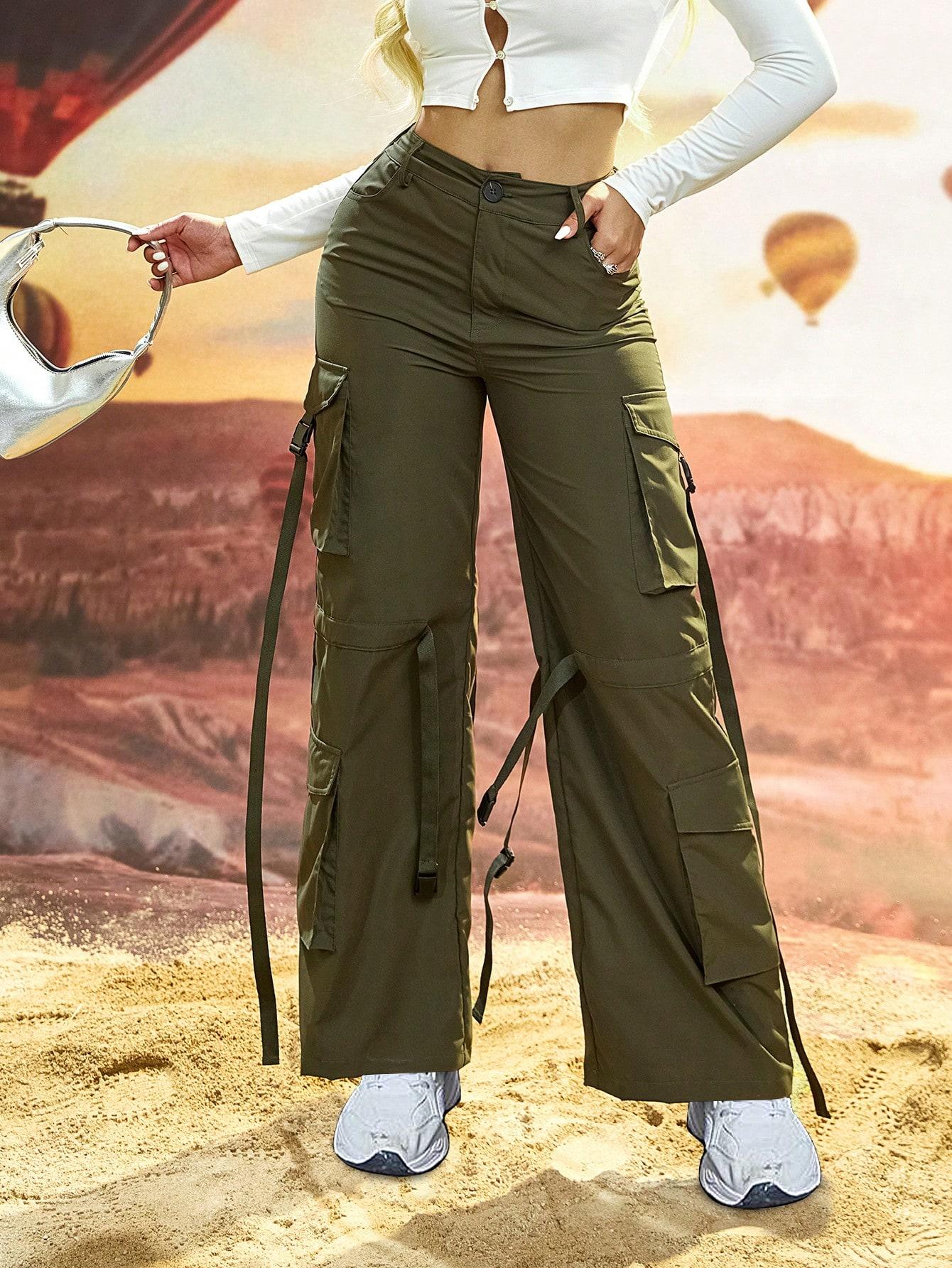 

D&M Loose Fit Casual Tool Pants With Belt, Button, Flap Pockets