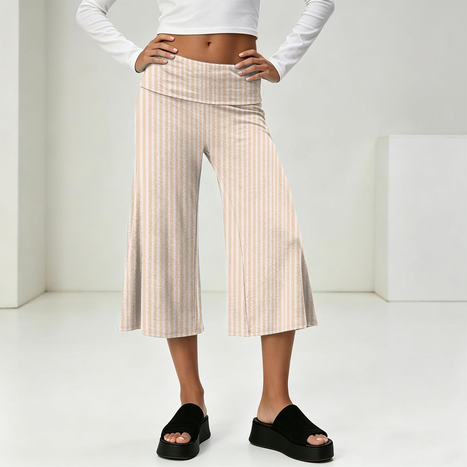

Fashionable Women s Summer Leisure Vacation High Waist Wide Leg Cropped Pants L бежевый