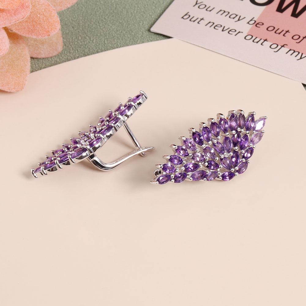 Boucle d'oreille à fermoir fin en argent sterling 925, pierres précieuses d'améthyste naturelles, design d'aile pour filles et femmes à la mode, joli cadeau