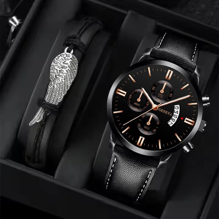 Fashion Business Belt Three Eyes Calendar Quartz Watch Men S Trend Personality Casual Simple Men S Feather Bracelet Watch