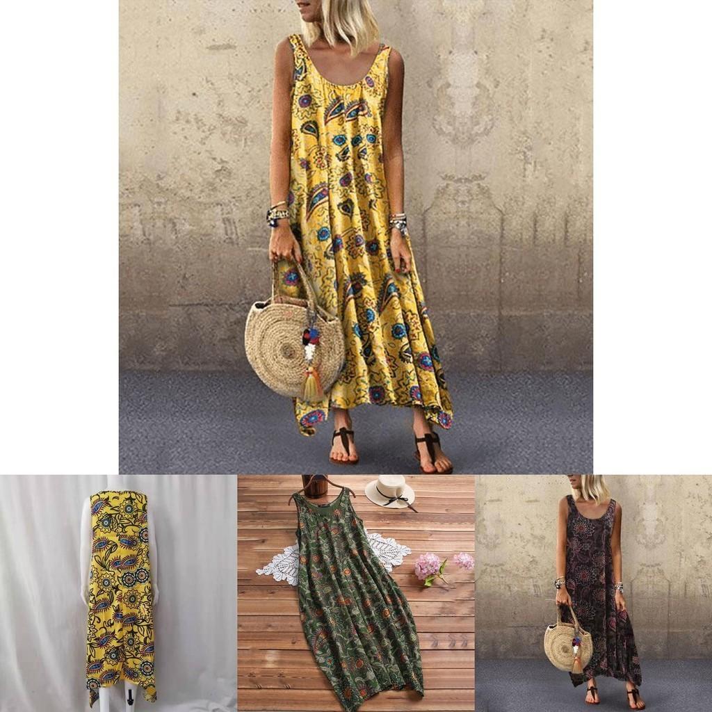 Elegant Womens Summer Sleeveless Holiday Long Boho Kaftan Tank Dress For Beach