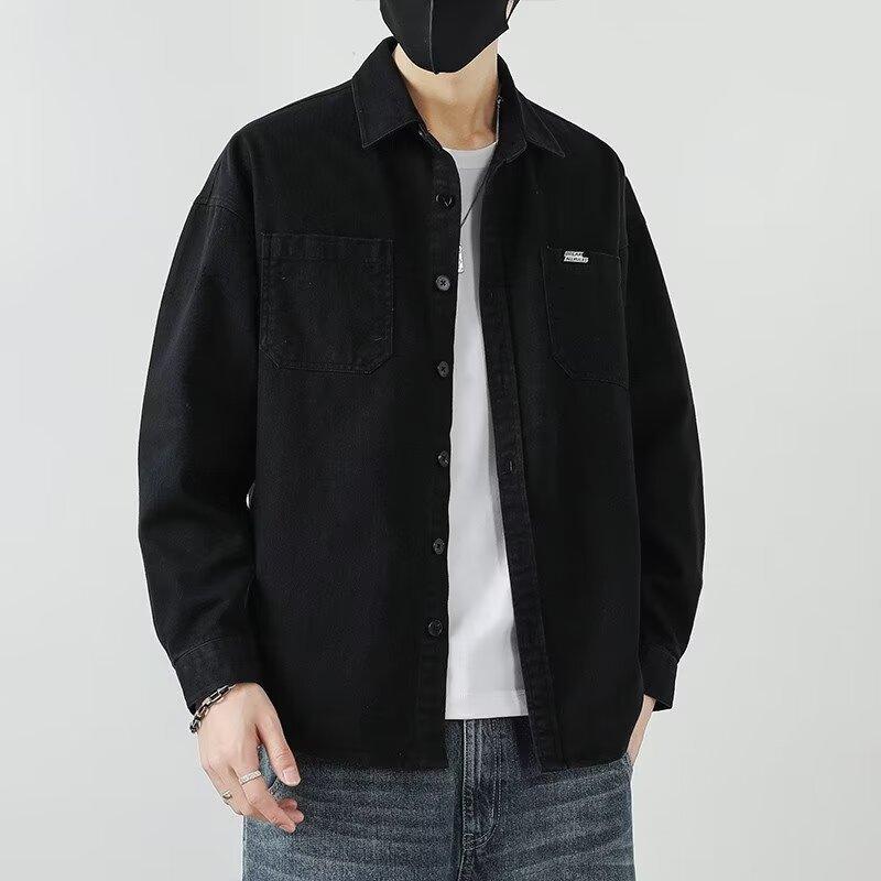 Camicia a maniche lunghe di cotone da primavera e estate da uomo, ampia, di tendenza, americana con risvolto, tasche, camicia, capispalla, top