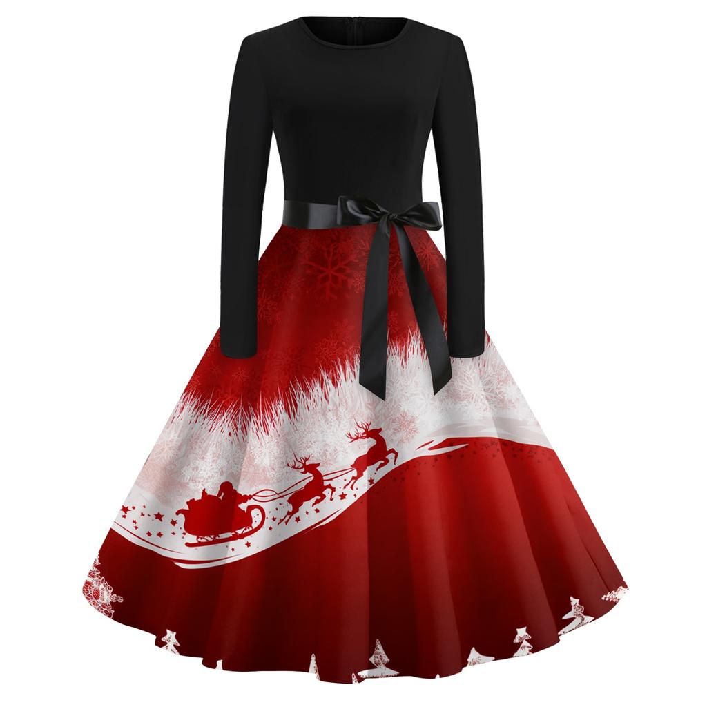 Women's Vintage Christmas Print Long Sleeve Round Neck Party Dress for Holiday Parties