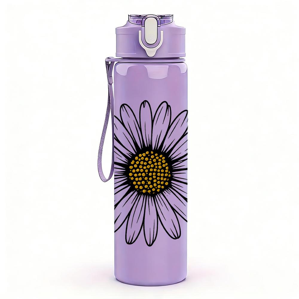 1PC Single White Daisy Flower 750ml Color Plastic Sports Water Bottle Leakproof Flip Straw Lid For Sports Office Home Use