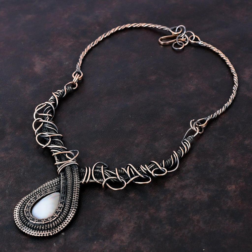 Mother Of Pearl Gemstone Necklace Copper Wire Wrapped Necklace Adjustable Necklace Handmade Necklace Unique Copper Jewelry Anniversary Gift