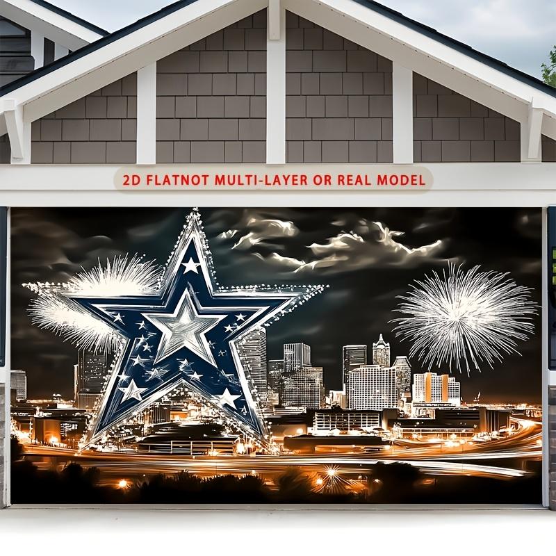 A 2D flat banner in 1 piece with a denim star and city skyline background as the decorative backdrop for a photo prop.PMJ
