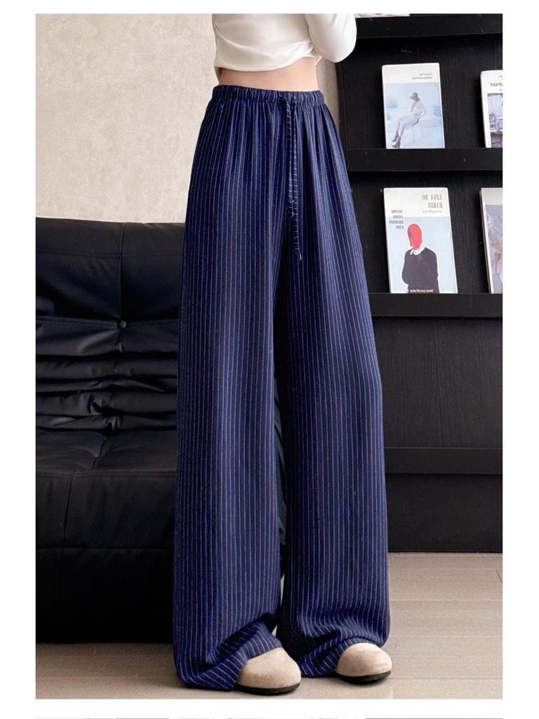 Apricot Striped Linen Wide-Leg High-Waisted Pants for Women - Slimming, Loose, and Casual for Spring 2026.