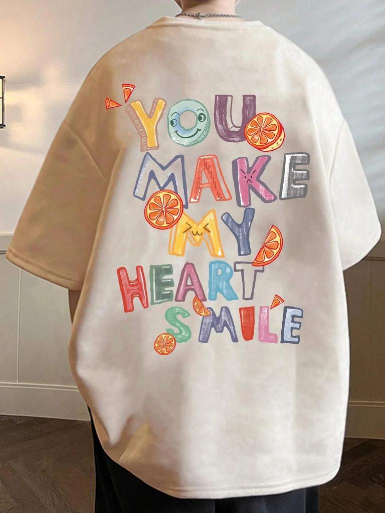 You Make My Heart Smile Fruit Letter Graphic T-Shirt Men Loose Casual Short Sleeve Summer Tshirt Harajuku Breathable Cotton Tees