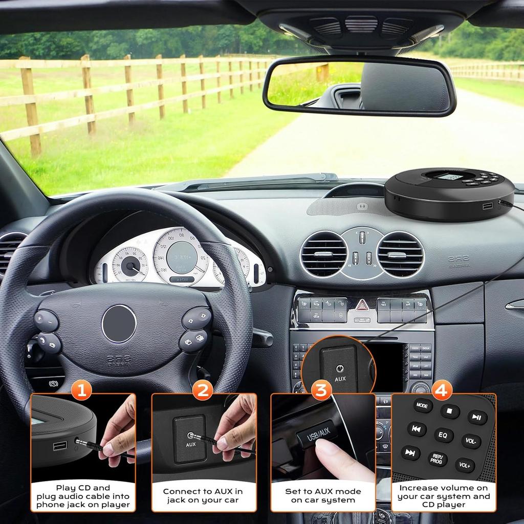 Portable CD Player with Speakers and Bluetooth: Rechargeable Discman with Headphones, Anti-Skip Protection-CD/MP3/USB/BT Transmit/AUX