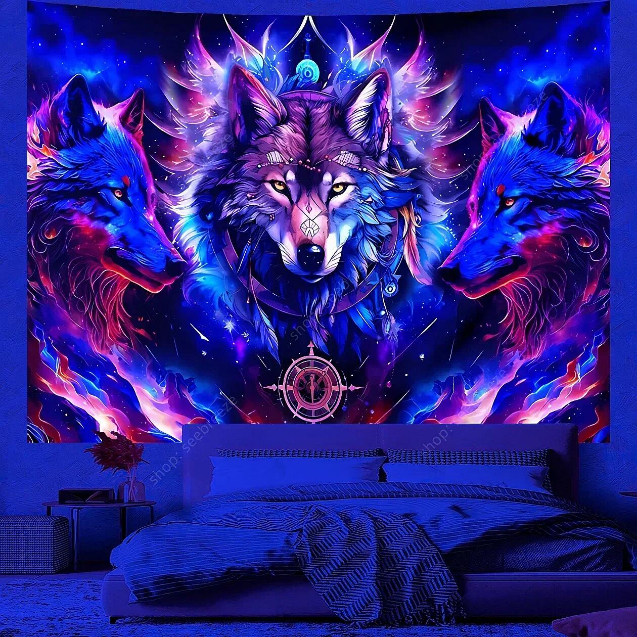 Animal Tapestry Psychedelic Wolf UV Reactive Tapestry Wall Hanging Hippie Room Decor Sofa Blanket Beach Towel Gift for Friend 100X70CM