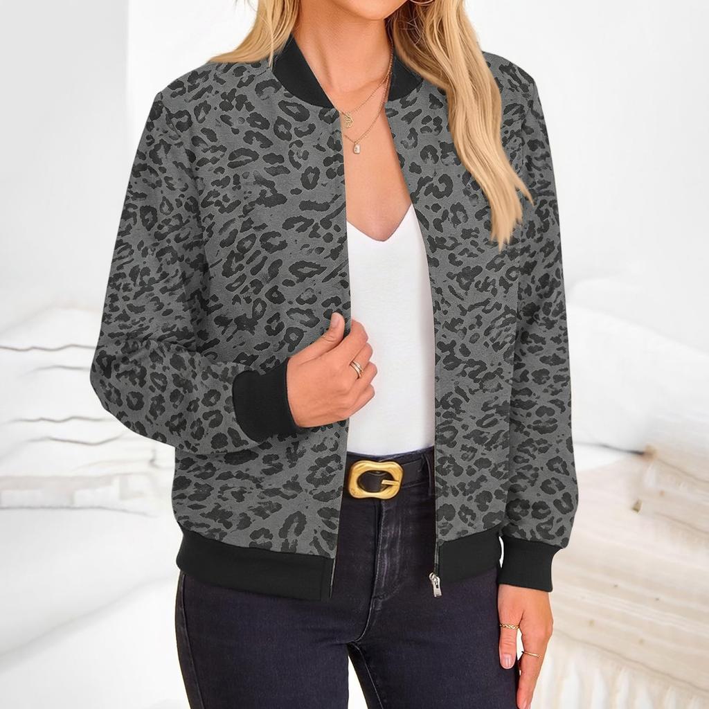 Women's Stylish Long Sleeve Leopard Print Zip-Up Round Neck Jacket for Everyday Wear