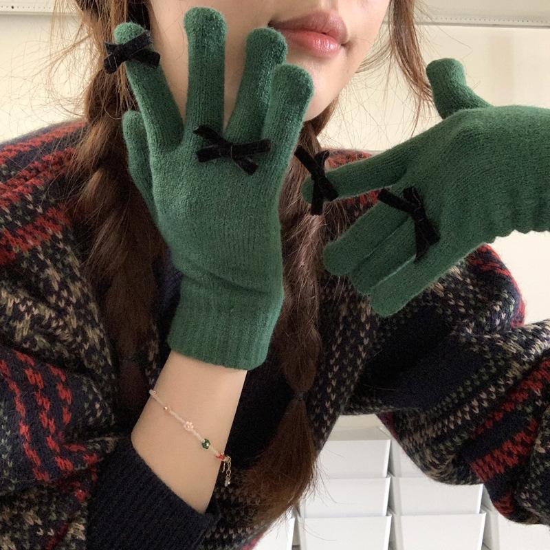 Koreanische Niedliche Schleifenhandschuhe für Damen, um im Winter warm zu halten und mit Touchscreen zu fahren, Neue Fünffingerhandschuhe