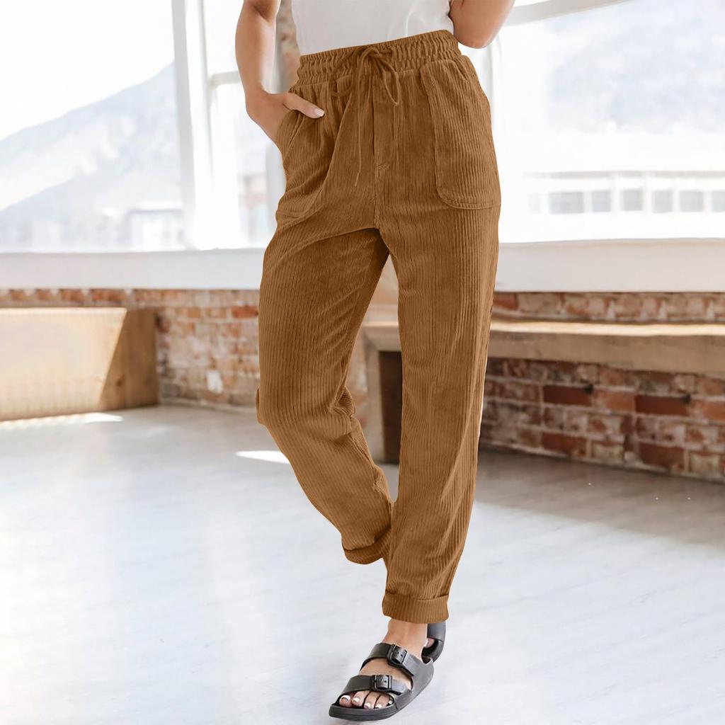 Corduroy Pants For Women Casual Drawstring Elastic High Waist Straight Leg Pants Loose Comfy Trousers With Pockets