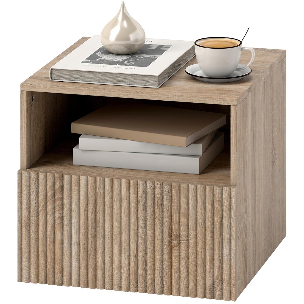 Nightstand, Handle-Free Design, Open Compartment, Drawer, Wall Mounted, Light Brown