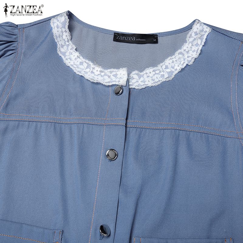 ZANZEA Women Casual Lace Splice Round Neck Summer Short Sleeve Blouse