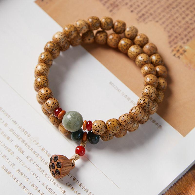 Double-Stranded Premium Bodhi Bracelet Made From Hainan Golden Seed, Designed for Men. This Natural Yellow and Bodhi Seed 0.31-0.39 inch