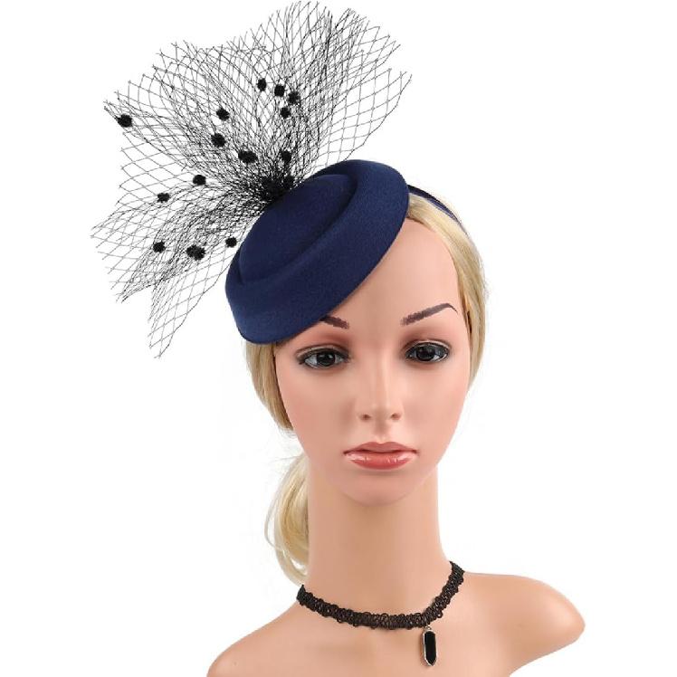 Women’s Classic Hat and Hair Fascinator Clip, Navy Blue Mesh Veil Headband, Dress Hat for Wedding, Tea Party, Cocktail, Special Occasion