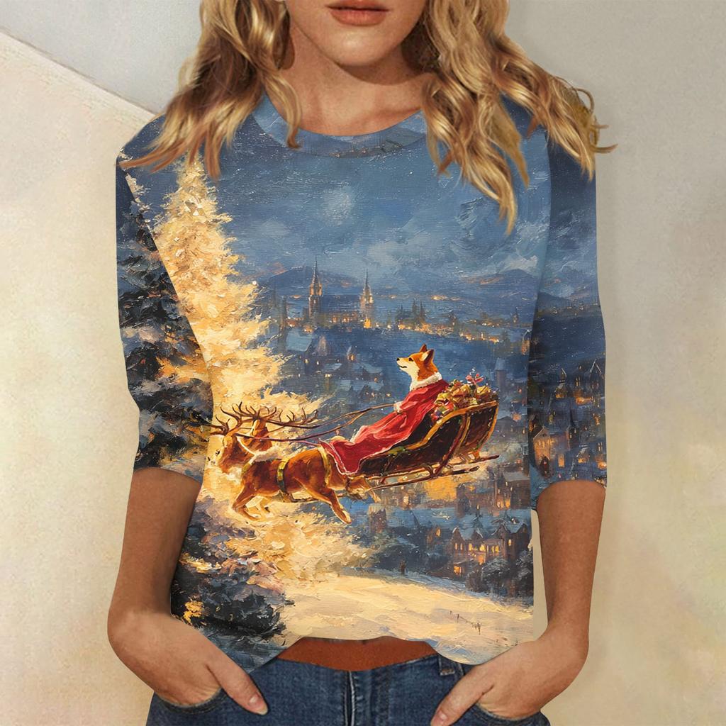 3/4 Sleeve Shirts For Women Print Christmas Tees Blouses Casual Plus Size Basic Tops Pullover