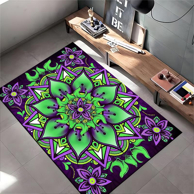 Colorful Mandala Pattern Carpet, Green and Purple Floral Design Rug Suitable for Use As an Anti-slip for Living Room Bedroom Sofas