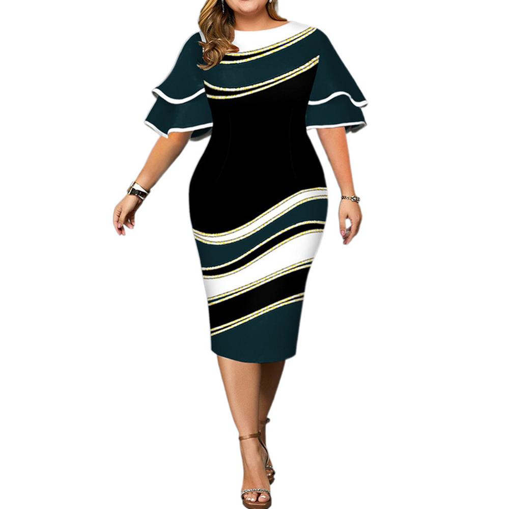2024 Plus Size Womens Ruffle Short Sleeve Print Bodycon Dress Cocktail Party Dresses