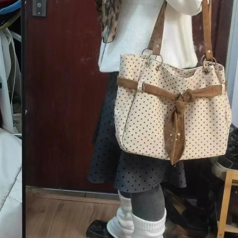 Vintage Polka Dot Canvas Tote Bag With Bow Detail Large Capacity Korean Style Shoulder Bag Daily Commut School Handbag For Women