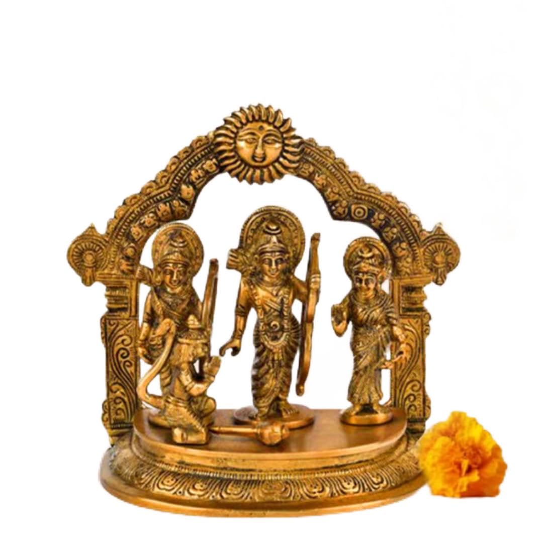 100% Pure Brass Ram Darbar Idol, Ram Sita Laxman Hanuman Statue, Gold - 7 Inch