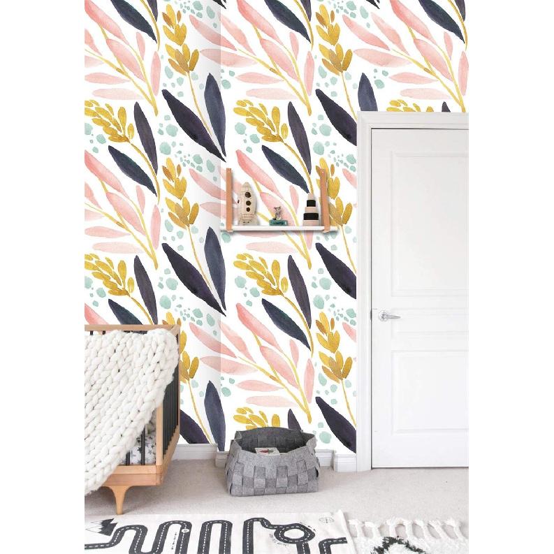 HAOKHOME Watercolor Forest Peel and Stick Wallpaper Removable White/Pink/Navy/Yellow Floral Vinyl Self Adhesive Shelf Liner 17.7in x 9.8ft