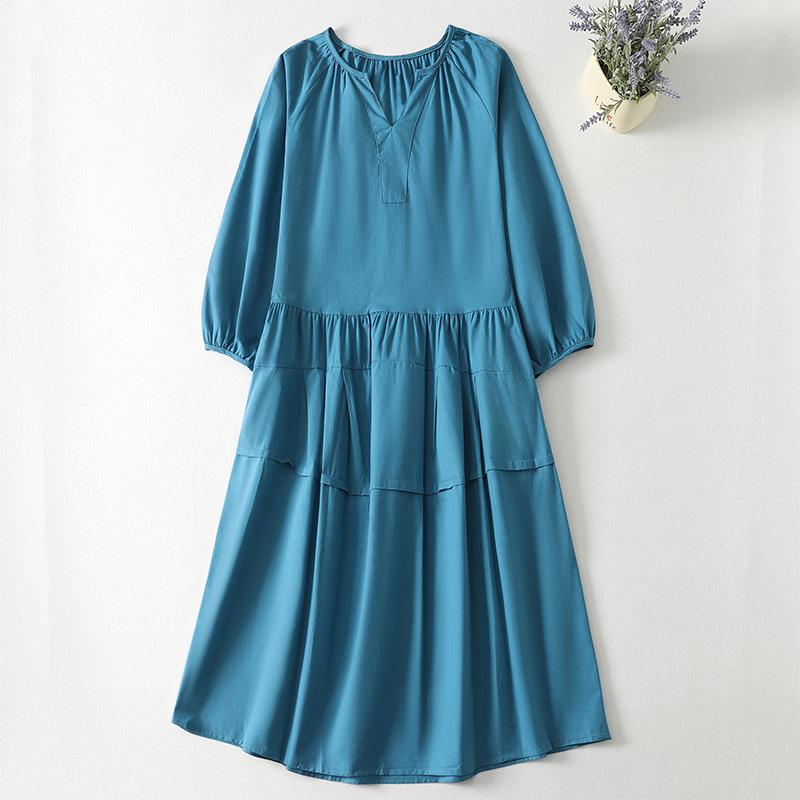 

2026 Spring Blue V-Neck Mid-Length Loose Patchwork Cotton Linen Dress with 3/4 Sleeves for Women XXL озеро синього кольору