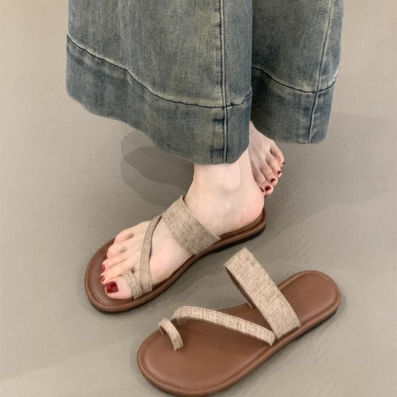 Set Zehenrömersandalen 2025 Sommer Koreanische Version Ins-Stil Leinenzehen Urlaub Strand flache coole Hausschuhe Damen