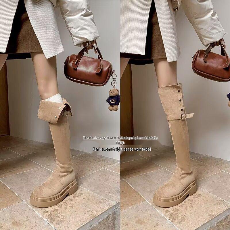 2025 Autumn/Winter Women's Chunky Heel Knee-High Foldable Boots