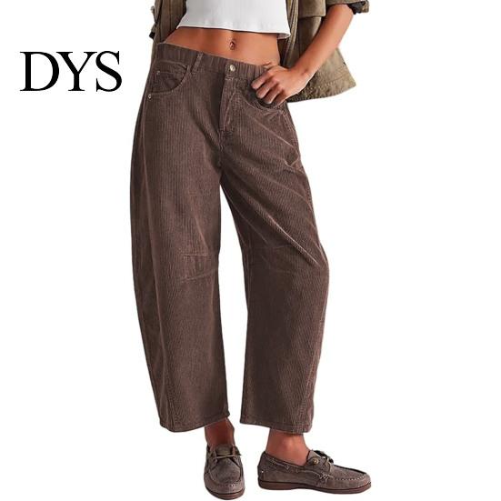 Pantaloni a coste a vita media a gamba larga da donna Vita elasticizzata Chiusura con bottone e zip Gamba larga Pantaloni casual con tasche Colore unito Pantaloni a barile