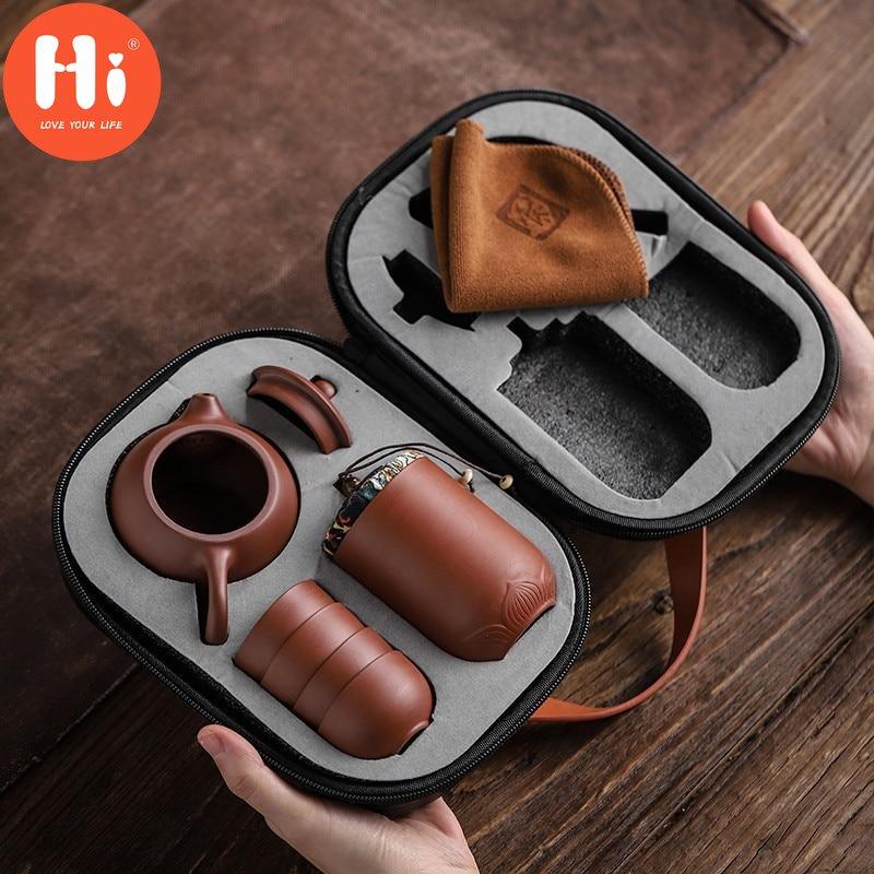 Hi Purple Clay Teacups Ceramic Portable Tea Set Including 1 Pot + 1 Tea Caddy + 4 Cups Teapot Outdoor Travel Kung Fu Gaiwan Gifts