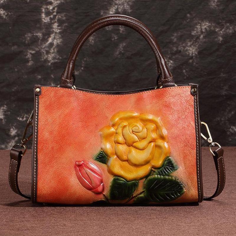 Johnature Retro-Schulter- und Umhängetaschen aus Rindsleder mit Prägung, lässige Damenhandtasche aus echtem Leder mit großer Kapazität